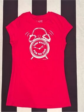 Splash Red Graphic Swim Coverup Tee with White Alarm-Clock Print